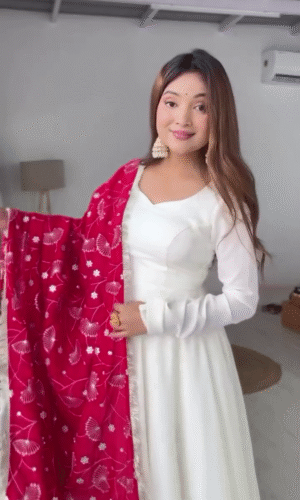 Wonderfully White Anarkali Kurta with Stylish Back Lace Detailing Paired with a Contrasting Red Floral Embroidered Dupatta – Festive & Ethnic Wear for Women