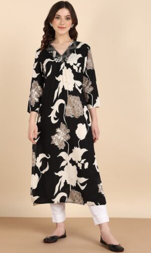 V-Neck Floral Printed Sequinned Kurta