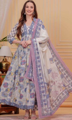 Floral Printed V-Neck Pure Cotton Anarkali Kurta with Trousers & Dupatta