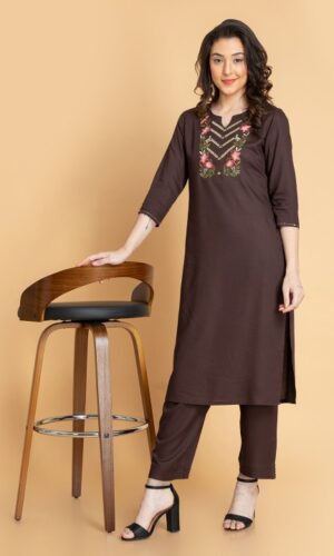 Yoke Design Floral Embroidered Sequinned Straight Kurta With Trousers