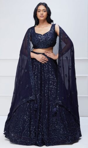 Embroidered Sequinned Semi-Stitched Lehenga & Unstitched Blouse With Dupatta