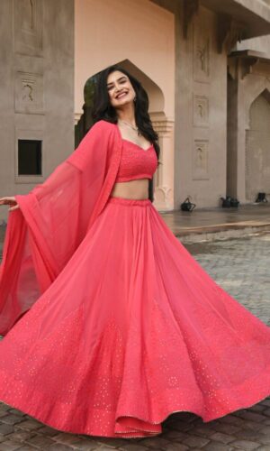 Embroidered Semi-Stitched Lehenga & Unstitched Blouse With Dupatta