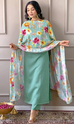 Floral Yoke Design Round Neck Sequinned Straight Kurta with Trousers & With Dupatta