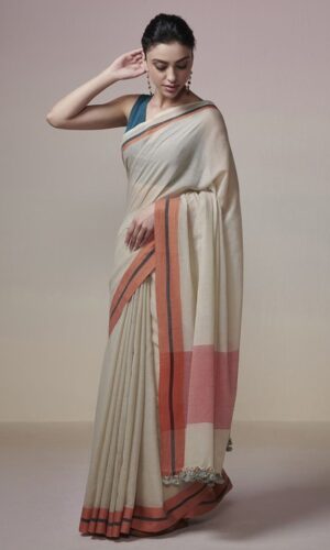 DRESSFOLK Handloom Cotton Beige with orange Stripe Saree