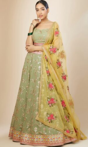 Embroidered Sequinned Semi-Stitched Georgette Lehenga Choli With Dupatta