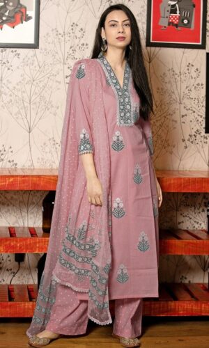 Floral Printed V-Neck Straight Kurta With Palazzos And Dupatta