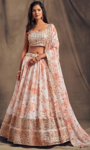 White & Peach-Coloured Embroidered Sequinned Shibori Semi-Stitched Lehenga & Unstitched Blouse With