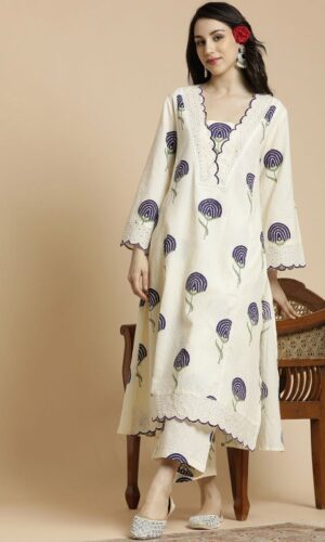 Floral Printed Bell Sleeves Thread Work Pure Cotton A-Line Kurta With Palazzos