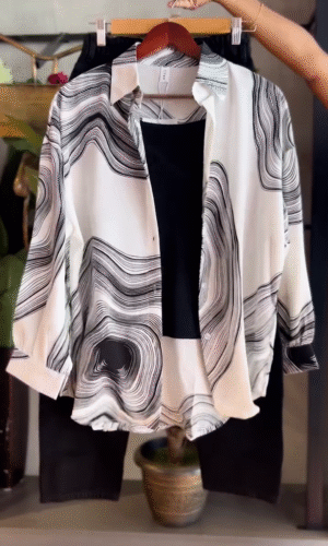 Trendy Monochrome Abstract Printed Button-Up Shirt with Ribbed Black Tank Top and High-Waisted Black Denim Jeans Effortlessly Chic Casual Outfit Set
