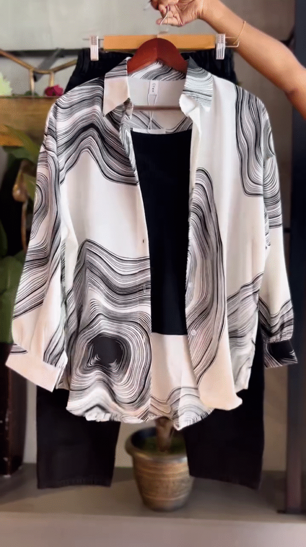 Trendy Monochrome Abstract Printed Button-Up Shirt with Ribbed Black Tank Top and High-Waisted Black Denim Jeans Effortlessly Chic Casual Outfit Set