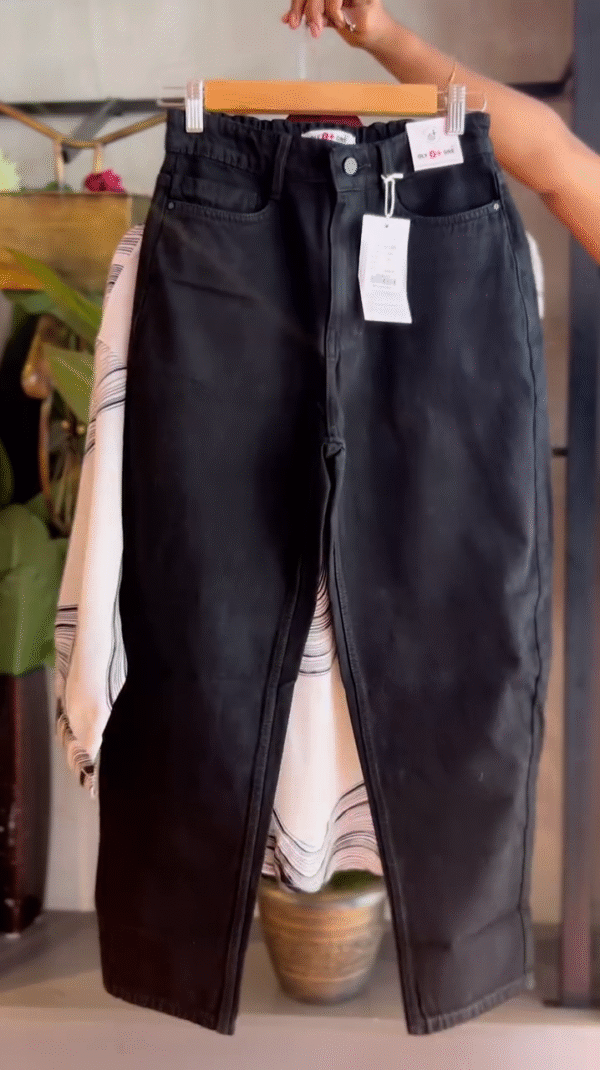 Trendy Monochrome Abstract Printed Button-Up Shirt with Ribbed Black Tank Top and High-Waisted Black Denim Jeans Effortlessly Chic Casual Outfit Set - Image 2