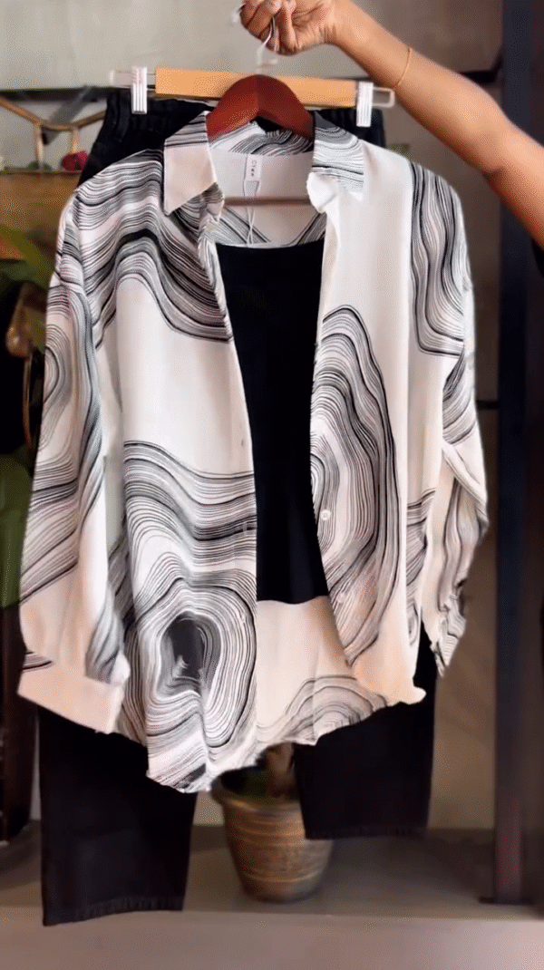 Trendy Monochrome Abstract Printed Button-Up Shirt with Ribbed Black Tank Top and High-Waisted Black Denim Jeans Effortlessly Chic Casual Outfit Set - Image 3