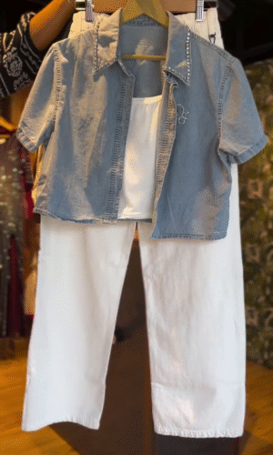 Chic Denim Shirt and White Wide-Leg Pants Set Featuring Rhinestone Accents and Soft Cotton Layering Tank Perfect for Effortless Summer Style