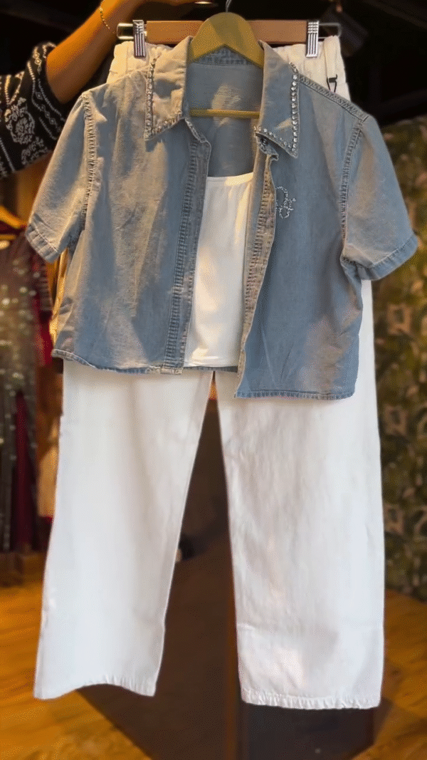 Chic Denim Shirt and White Wide-Leg Pants Set Featuring Rhinestone Accents and Soft Cotton Layering Tank Perfect for Effortless Summer Style