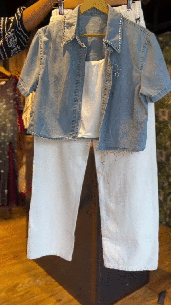 Chic Denim Shirt and White Wide-Leg Pants Set Featuring Rhinestone Accents and Soft Cotton Layering Tank Perfect for Effortless Summer Style - Image 3