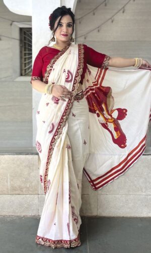 Ethnic Motifs Beads and Stones Block Print Saree