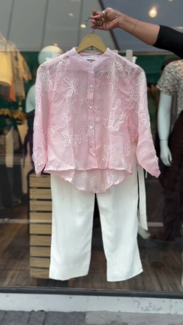 Light Pink Floral Embroidered Sheer Button-Down Top with Mandarin Collar Paired with Classic White Straight-Leg Elastic Waist Linen Trousers – Perfect for Summer Brunches, Vacations, or Casual Outings - Image 3