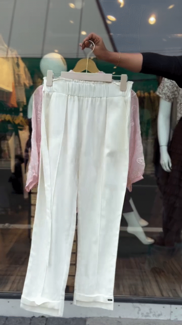 Light Pink Floral Embroidered Sheer Button-Down Top with Mandarin Collar Paired with Classic White Straight-Leg Elastic Waist Linen Trousers – Perfect for Summer Brunches, Vacations, or Casual Outings - Image 2