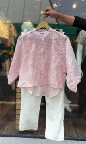 Light Pink Floral Embroidered Sheer Button-Down Top with Mandarin Collar Paired with Classic White Straight-Leg Elastic Waist Linen Trousers – Perfect for Summer Brunches, Vacations, or Casual Outings
