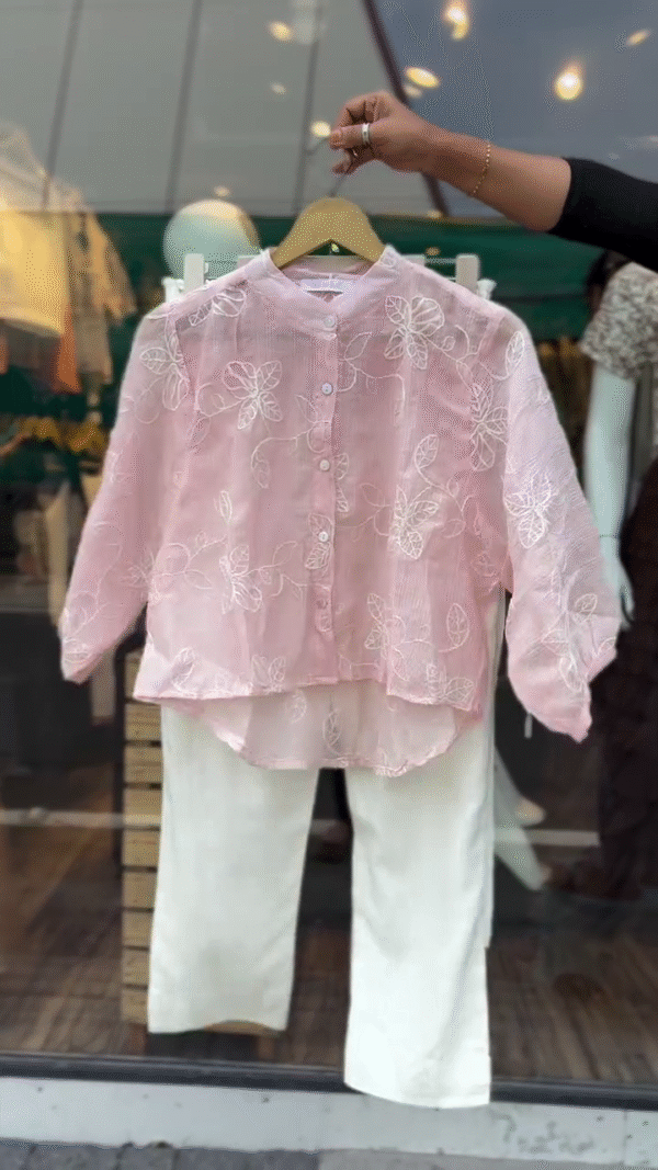 Light Pink Floral Embroidered Sheer Button-Down Top with Mandarin Collar Paired with Classic White Straight-Leg Elastic Waist Linen Trousers – Perfect for Summer Brunches, Vacations, or Casual Outings