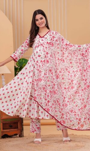 Floral Printed V-Neck Empire A-Line Pure Cotton Kurta With Trousers And Dupatta