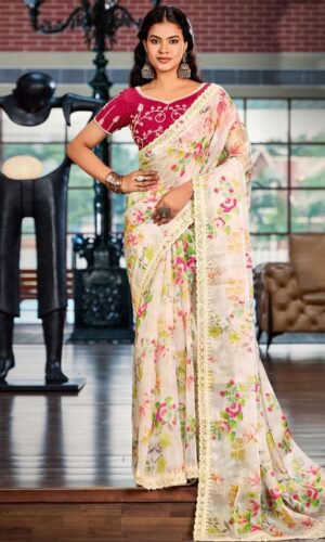 Floral Embroidered Pure Chiffon Saree