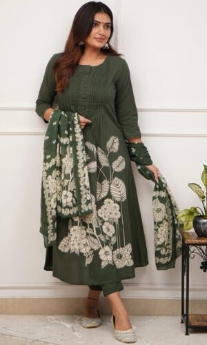 Floral Printed Round Neck Pure Cotton Pleated A-Line Kurta With Trousers & Dupatta