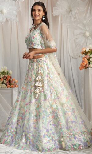 Embroidered Sequinned Net Semi Stitched Lehenga & Unstitched Blouse With Dupatta