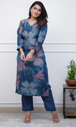 Floral Printed V-Neck Straight Kurta With Trousers