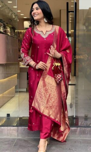 Floral Embroidered Straight Kurta With Trousers & Dupatta