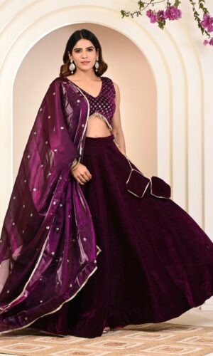 Embroidered Ready to Wear Velvet Lehenga & Unstitched Blouse With Dupatta