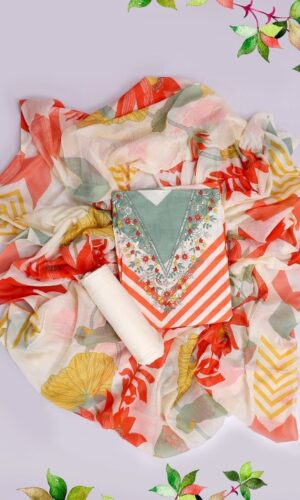 Floral Embroidered Sequinned Pure Cotton Unstitched Dress Material