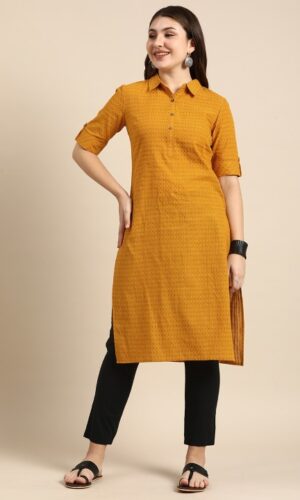 Shirt Collar Roll-Up Sleeves Dobby Pathani Pure Cotton Kurta