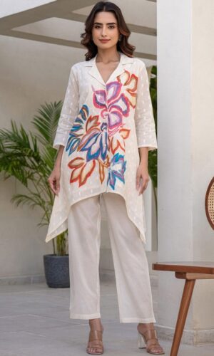 Floral Printed Shirt Collar A-Line Pure Cotton Kurta With Trousers