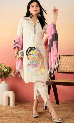 Off White Ethnic Motifs Self Design Thread Work Pure Cotton Pathani Kurta Sets