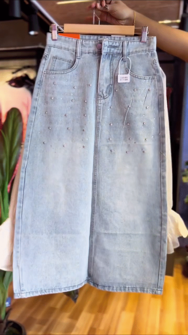 White Sheer Flowy Long Sleeve Top with Square Neckline Paired with High-Waisted Pearl Studded Light Blue Denim Midi Skirt – Elegant and Chic Coordinated Outfit for Casual or Semi-Formal Wear - Image 2