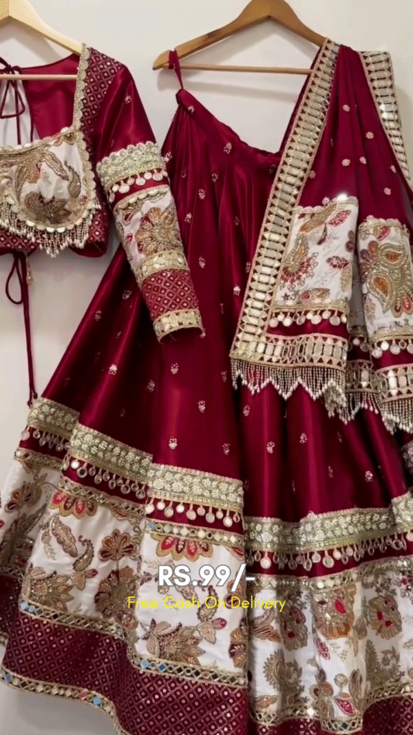 Maroon and Cream Embroidered Bridal Lehenga Choli Set with Heavy Mirror, Sequin, and Zari Work Featuring Full Sleeves, Tassel Details, and Matching Dupatta – Ideal for Weddings and Festive Occasions