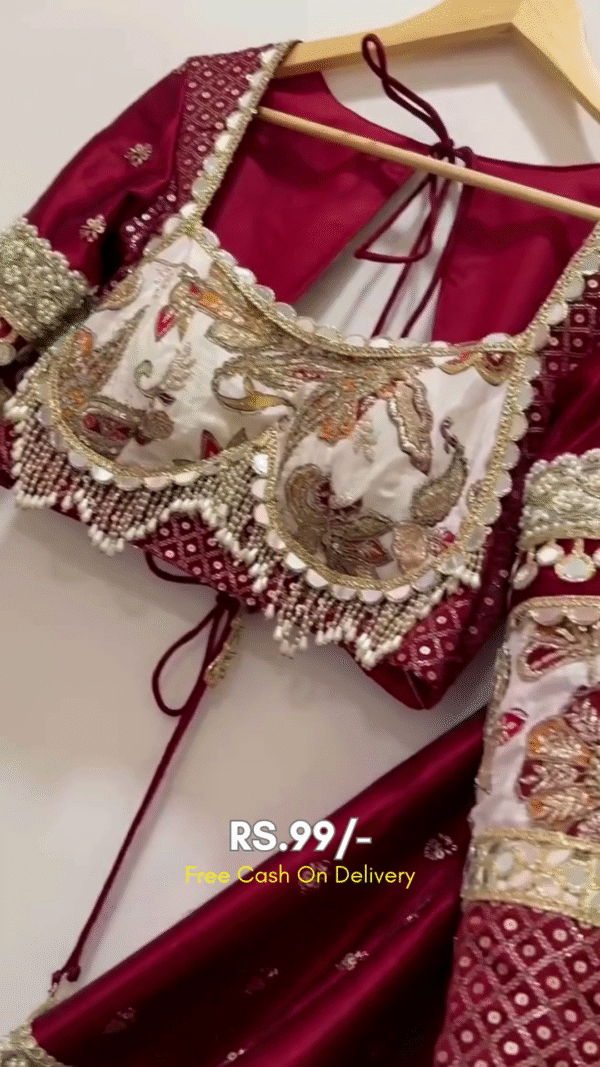 Maroon and Cream Embroidered Bridal Lehenga Choli Set with Heavy Mirror, Sequin, and Zari Work Featuring Full Sleeves, Tassel Details, and Matching Dupatta – Ideal for Weddings and Festive Occasions - Image 2