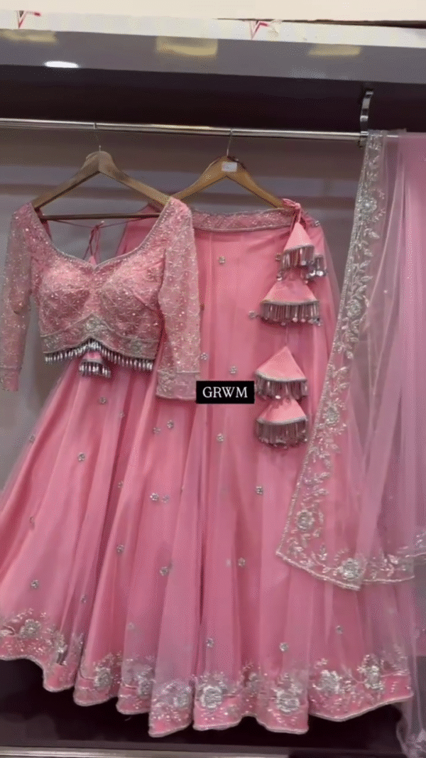 Baby Pink Designer Lehenga Choli Set with Sequined Net Blouse, Delicate Mirror and Thread Embellishments, Tassel Accents, and Matching Sheer Dupatta Featuring Intricate Floral Border Work – Perfect for Weddings, Receptions, and Festive Occasions - Image 2