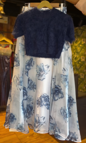 Navy Blue Fuzzy Crop Top Paired with Flowing White Floral Organza Skirt – Stylish and Chic Two-Piece Set for Special Occasions or Festive Wear