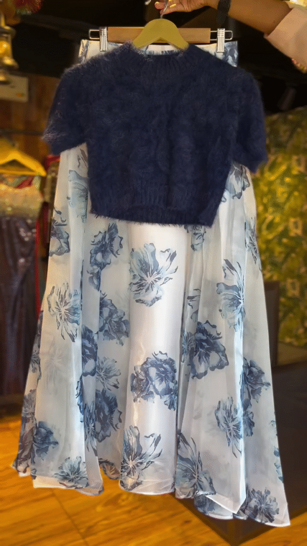 Navy Blue Fuzzy Crop Top Paired with Flowing White Floral Organza Skirt – Stylish and Chic Two-Piece Set for Special Occasions or Festive Wear