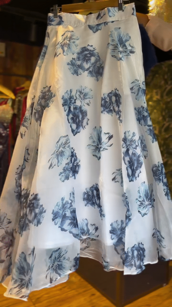 Navy Blue Fuzzy Crop Top Paired with Flowing White Floral Organza Skirt – Stylish and Chic Two-Piece Set for Special Occasions or Festive Wear - Image 2