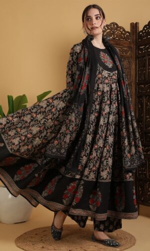 Floral Printed Anarkali Pure Cotton Kurta With Palazzos And Dupatta