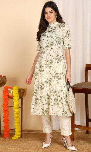 Floral Printed Mandarin Collar Ethnic A-Line Kurta