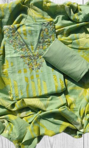 Floral Printed Thread Work Pure Cotton Unstitched Dress Material
