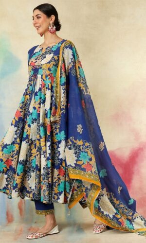 Floral Printed Pure Cotton Anarkali Kurta With Trousers And Dupatta