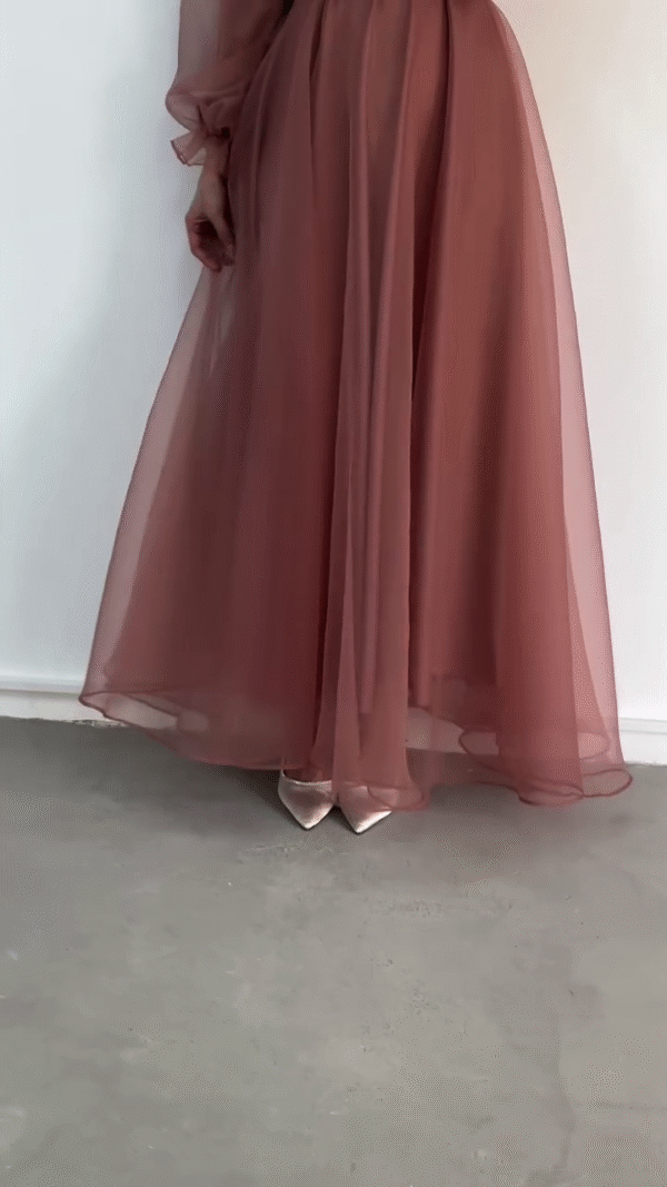 Dusty Rose A-Line Maxi Dress with Sheer Puff Sleeves, Satin Belt Featuring Rhinestone Buckle, High Neck, and Layered Chiffon Overlay – Formal Evening Gown for Weddings, Parties, or Special Occasions - Image 2