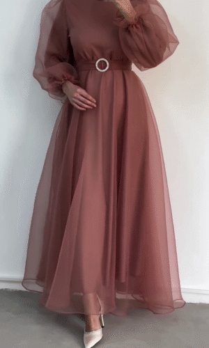 Dusty Rose A-Line Maxi Dress with Sheer Puff Sleeves, Satin Belt Featuring Rhinestone Buckle, High Neck, and Layered Chiffon Overlay – Formal Evening Gown for Weddings, Parties, or Special Occasions