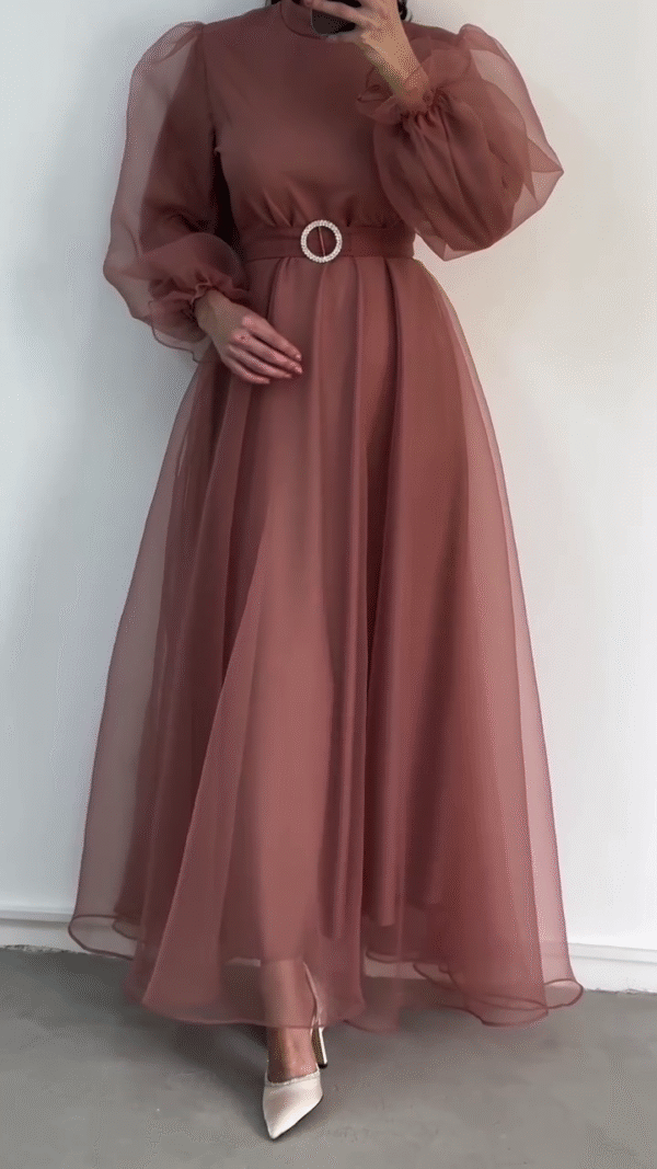 Dusty Rose A-Line Maxi Dress with Sheer Puff Sleeves, Satin Belt Featuring Rhinestone Buckle, High Neck, and Layered Chiffon Overlay – Formal Evening Gown for Weddings, Parties, or Special Occasions