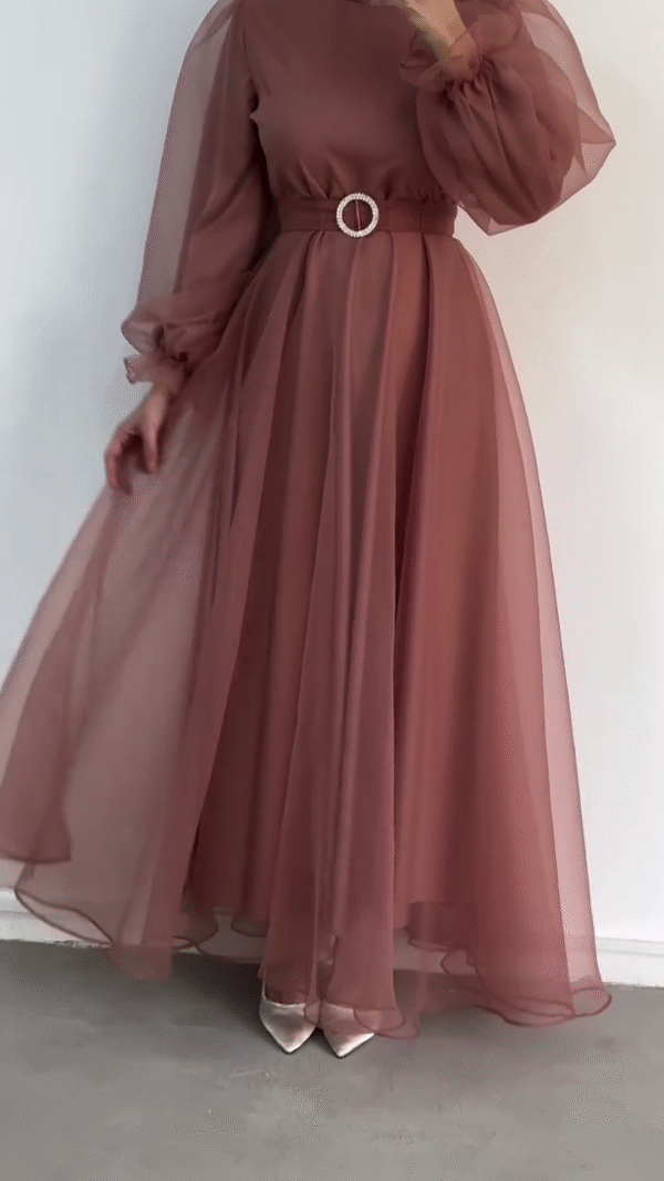 Dusty Rose A-Line Maxi Dress with Sheer Puff Sleeves, Satin Belt Featuring Rhinestone Buckle, High Neck, and Layered Chiffon Overlay – Formal Evening Gown for Weddings, Parties, or Special Occasions - Image 3
